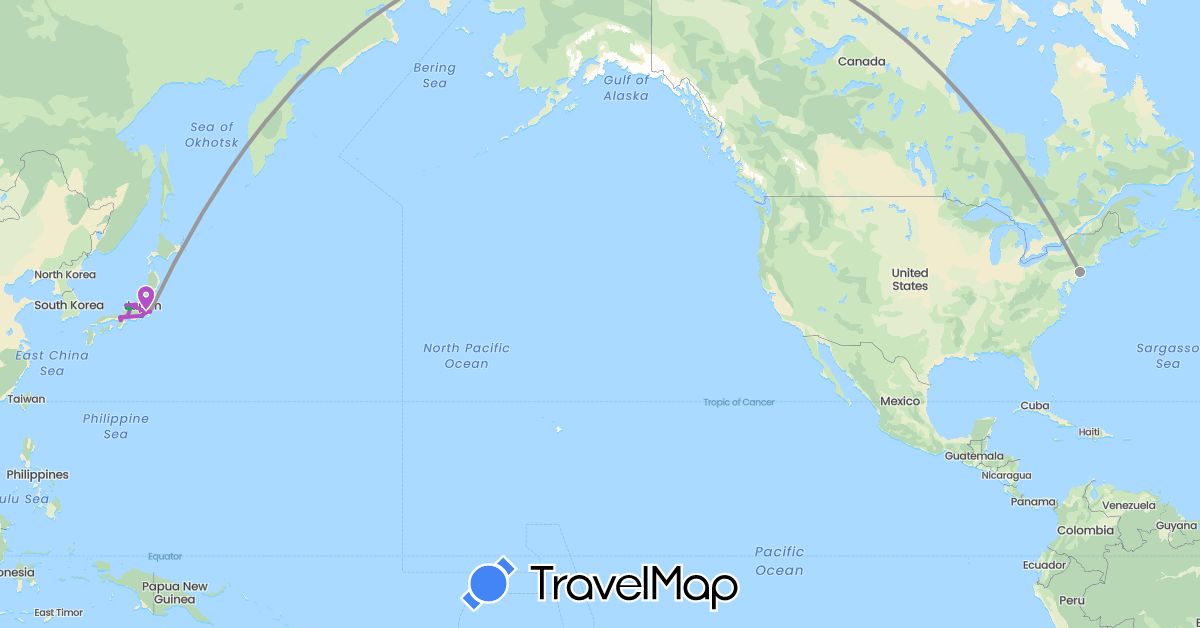 TravelMap itinerary: driving, bus, plane, train, hiking, boat, electric vehicle in Japan, United States (Asia, North America)